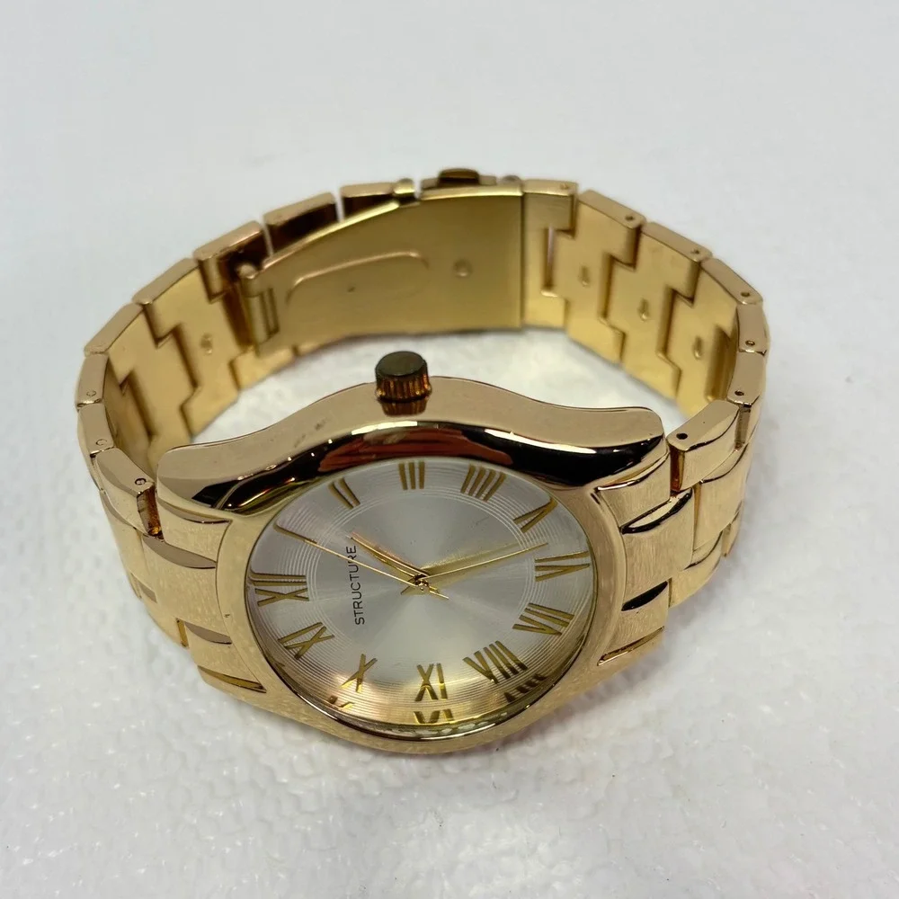 STRUCTURE Gold Tone Mens Watch NIB Roman Numeral Watch Stainless Steel Band